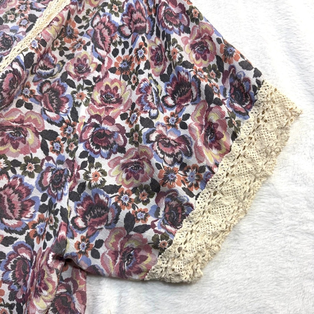 Indigo Rose XL Floral Kimono Cardigan Lace Trim Boho Fest Hippie Cottage Spring - Picture 3 of 7